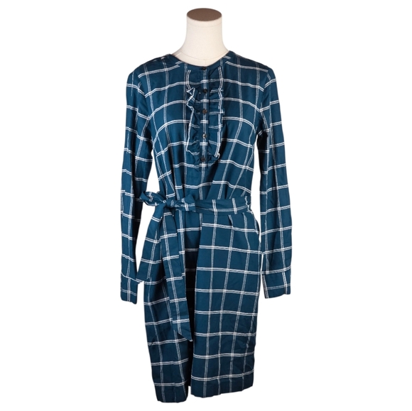 Draper James Deep Teal Plaid Ruffle Belted Shirt Dress NWT Size 4 Cotton - Picture 2 of 9